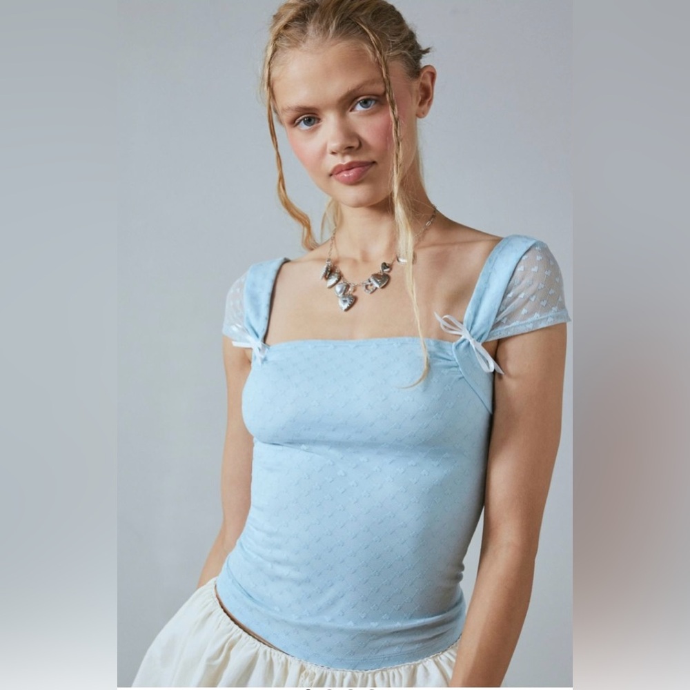 Kimchi Blue Bridgette Heart Dotted Mesh Top NWT Size S - Light Blue